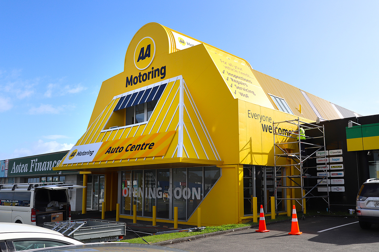AA Manukau - completed signage featuring 3d lettering, ACM panels over aluminium frames and PVC canvas